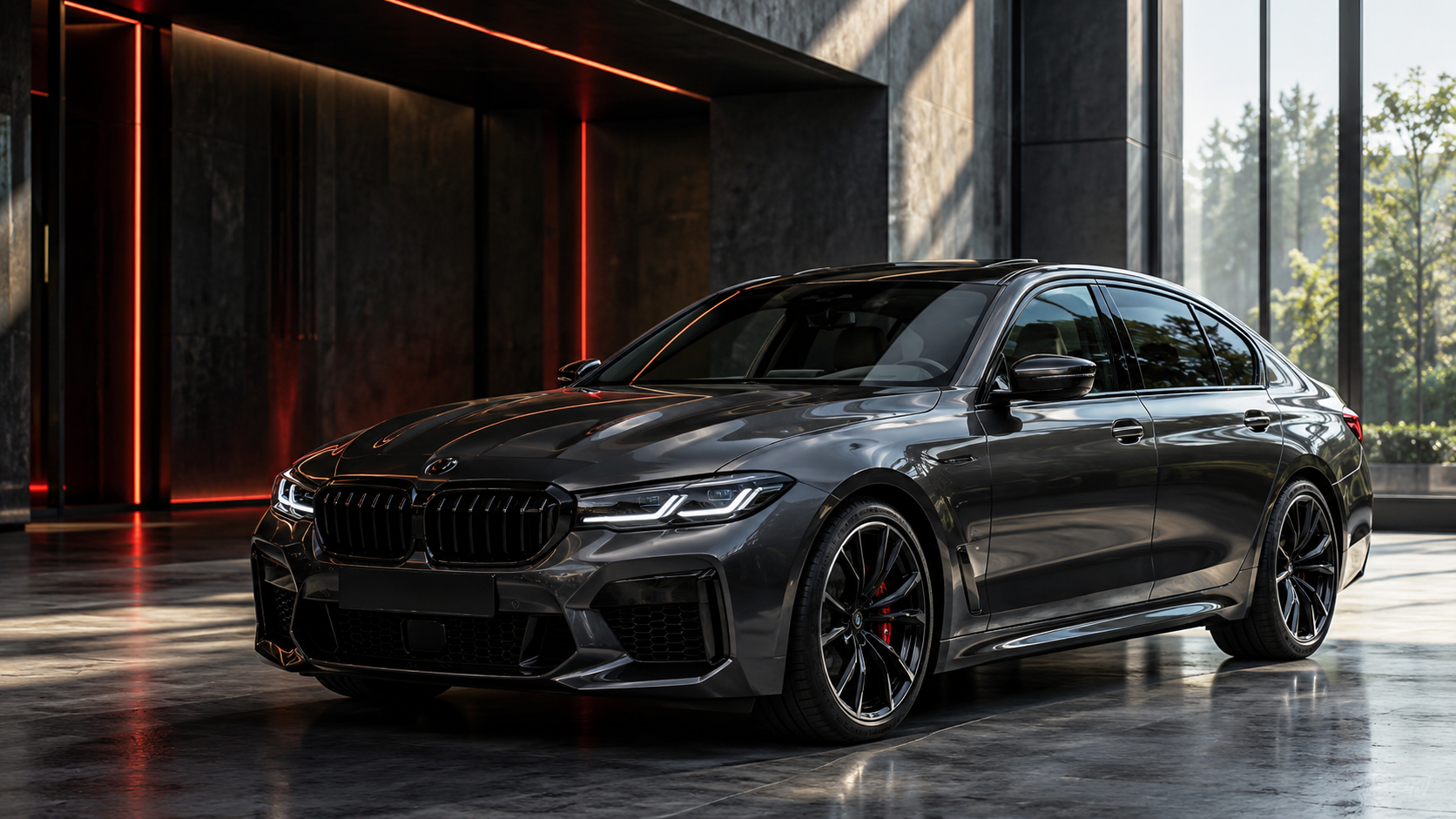 Illustrative luxury car in a premium automotive studio with tinted windows
